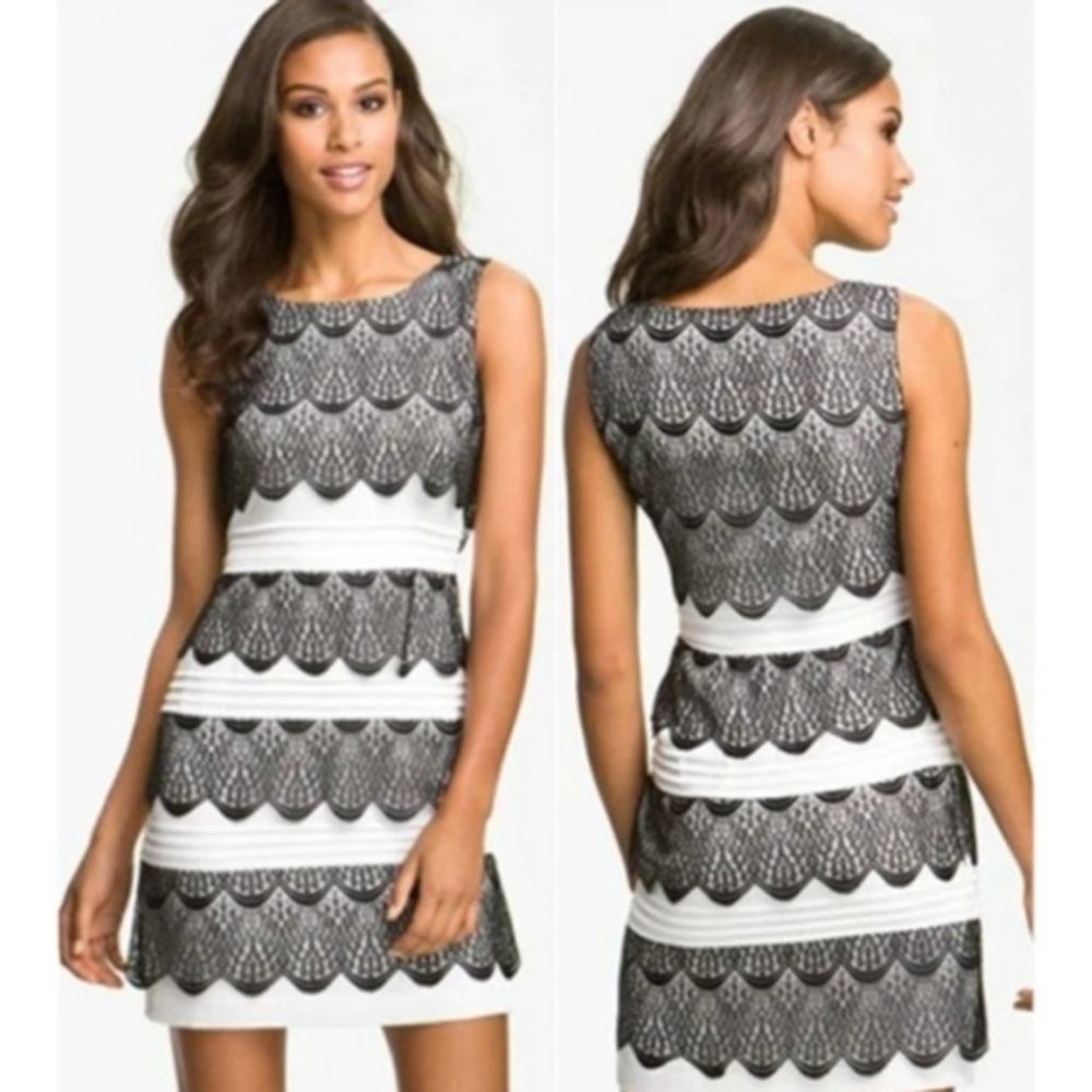 Jessica cocktail dress sleeveless tiered white black lace sheath